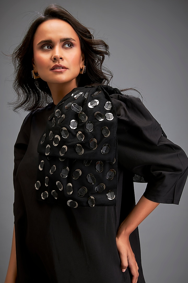 Black Taffeta Metallic Applique Embellished Mini Ruffled Vacation Dress by Deepika Arora at Pernia's Pop Up Shop
