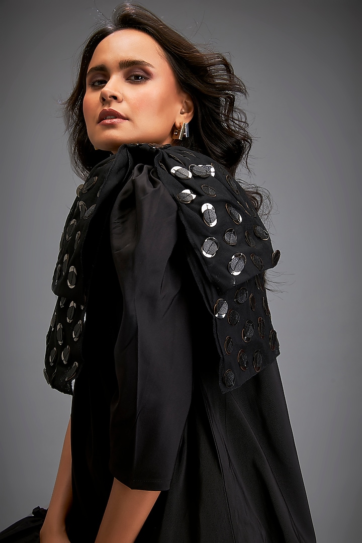 Black Taffeta Metallic Applique Embellished Mini Ruffled Vacation Dress by Deepika Arora at Pernia's Pop Up Shop