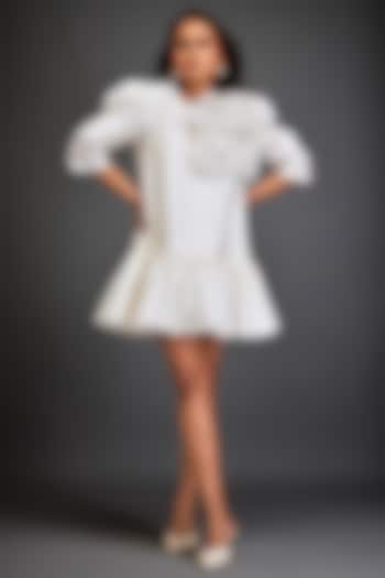 White Taffeta Metallic Applique Embellished Mini Ruffled Vacation Dress by Deepika Arora at Pernia's Pop Up Shop