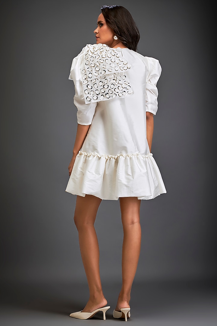White Taffeta Metallic Applique Embellished Mini Ruffled Vacation Dress by Deepika Arora at Pernia's Pop Up Shop