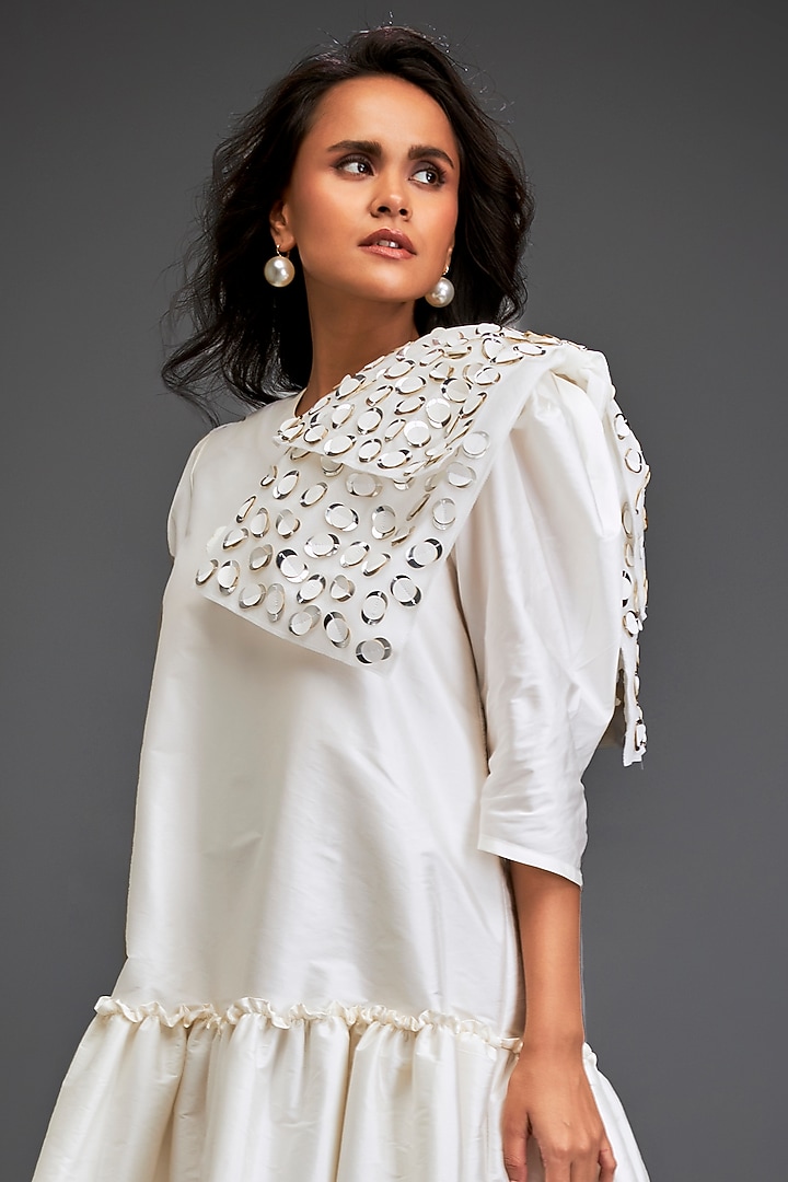 White Taffeta Metallic Applique Embellished Mini Ruffled Vacation Dress by Deepika Arora at Pernia's Pop Up Shop