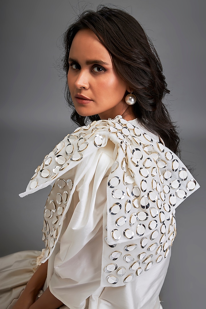 White Taffeta Metallic Applique Embellished Mini Ruffled Vacation Dress by Deepika Arora at Pernia's Pop Up Shop