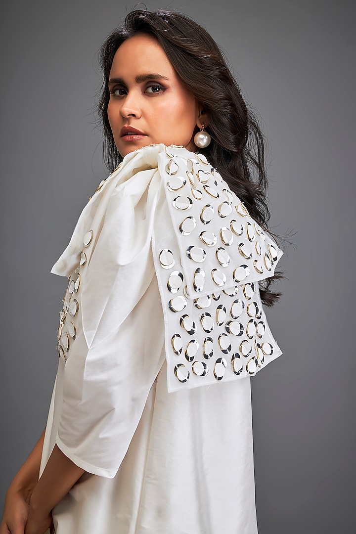White Taffeta Metallic Applique Embellished Mini Ruffled Vacation Dress by Deepika Arora at Pernia's Pop Up Shop
