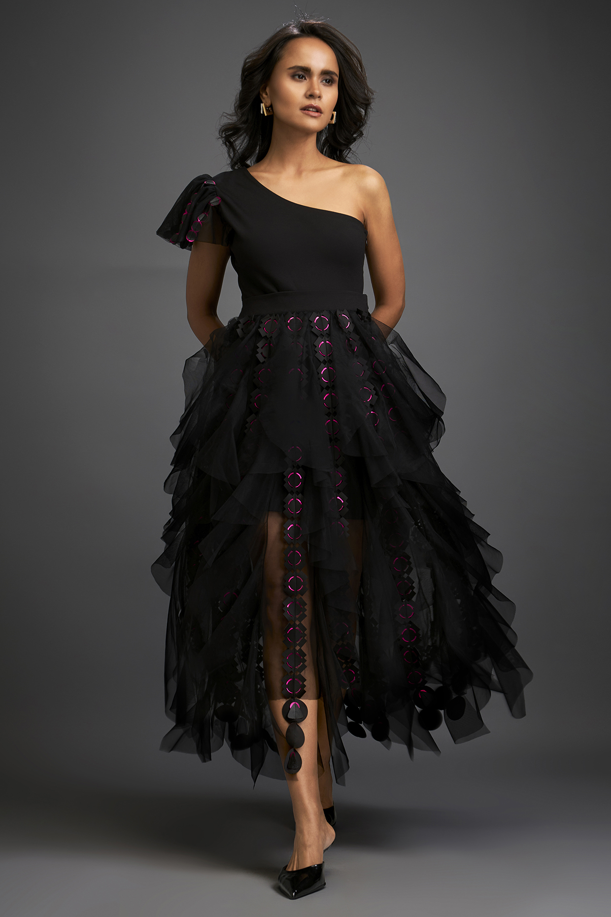 Black Tulle & Net Tiered Skirt Set by Deepika Arora at Pernia's Pop Up Shop