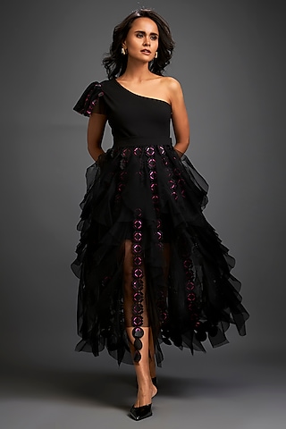 Black Tulle & Net Tiered Skirt Set by Deepika Arora