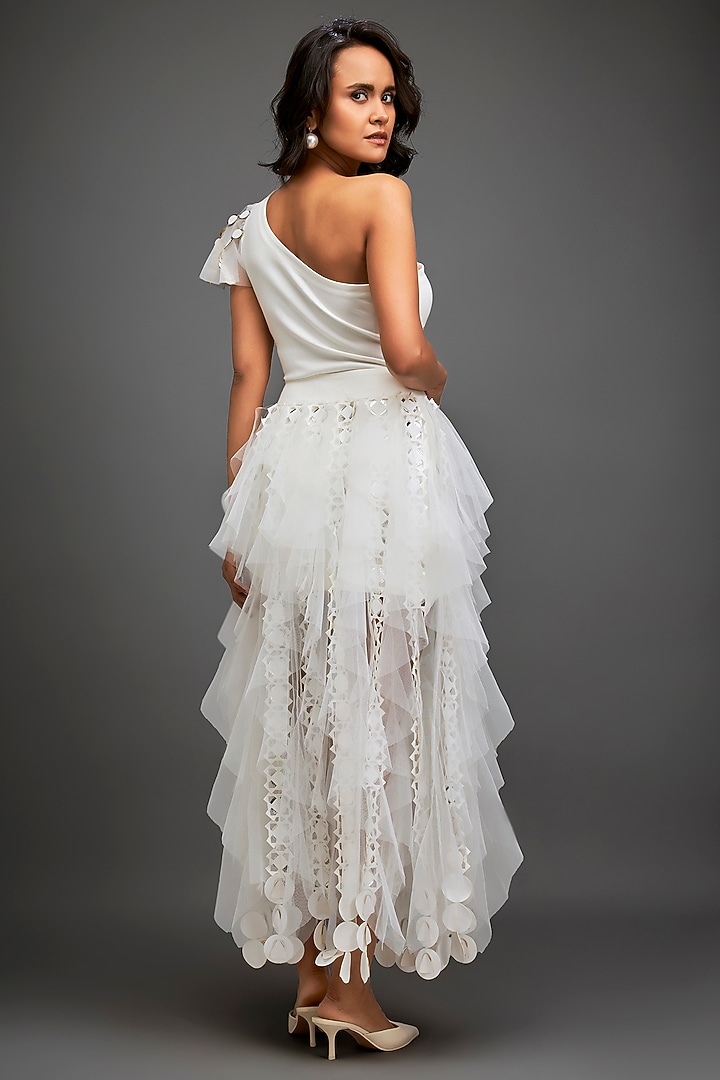 White Tulle & Net Tiered Skirt Set by Deepika Arora at Pernia's Pop Up Shop