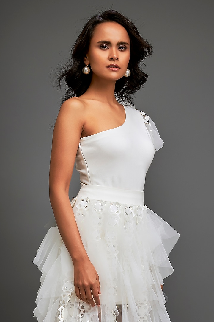 White Tulle & Net Tiered Skirt Set by Deepika Arora at Pernia's Pop Up Shop