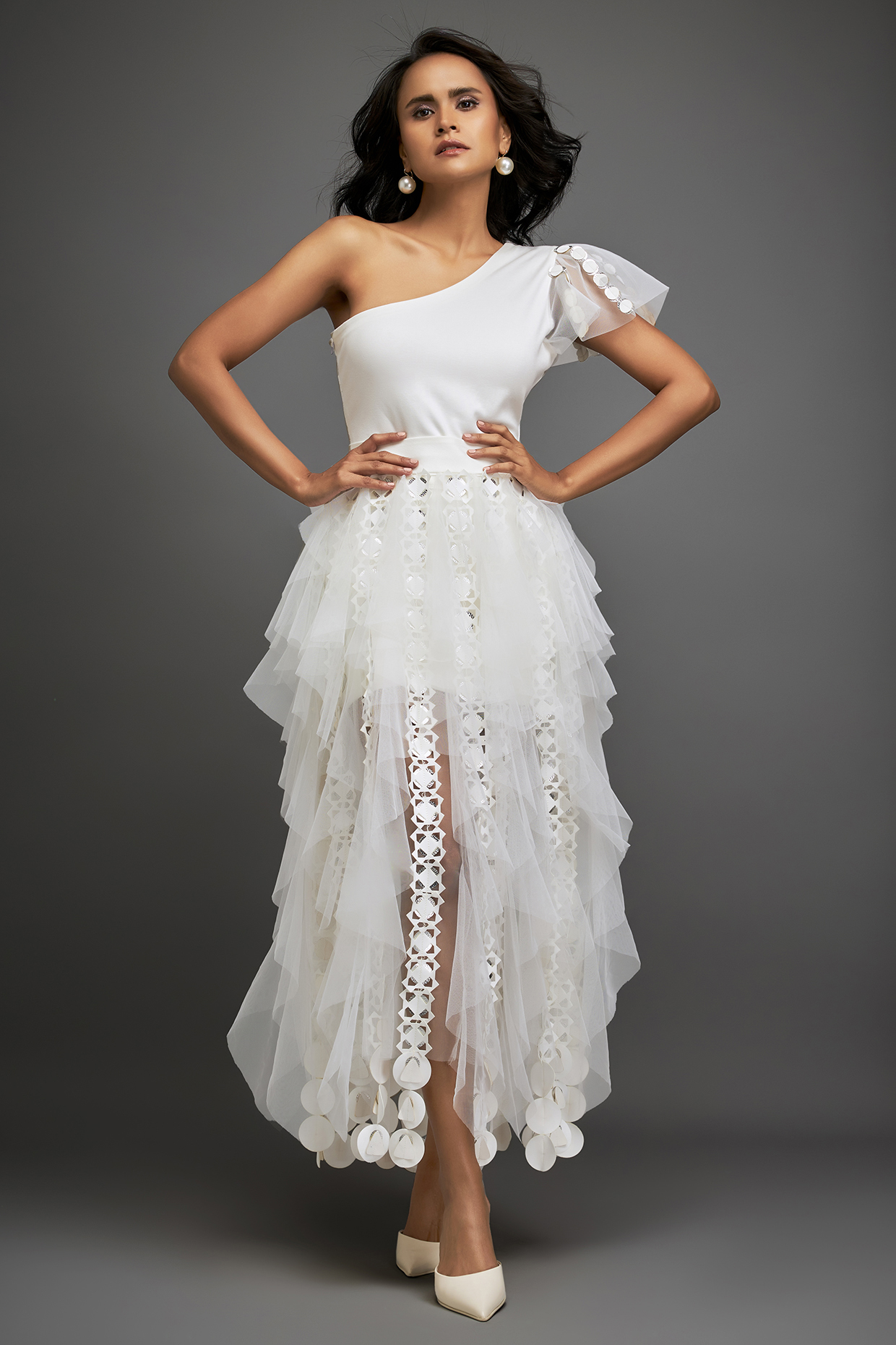 White Tulle & Net Tiered Skirt by Deepika Arora at Pernia's Pop Up Shop