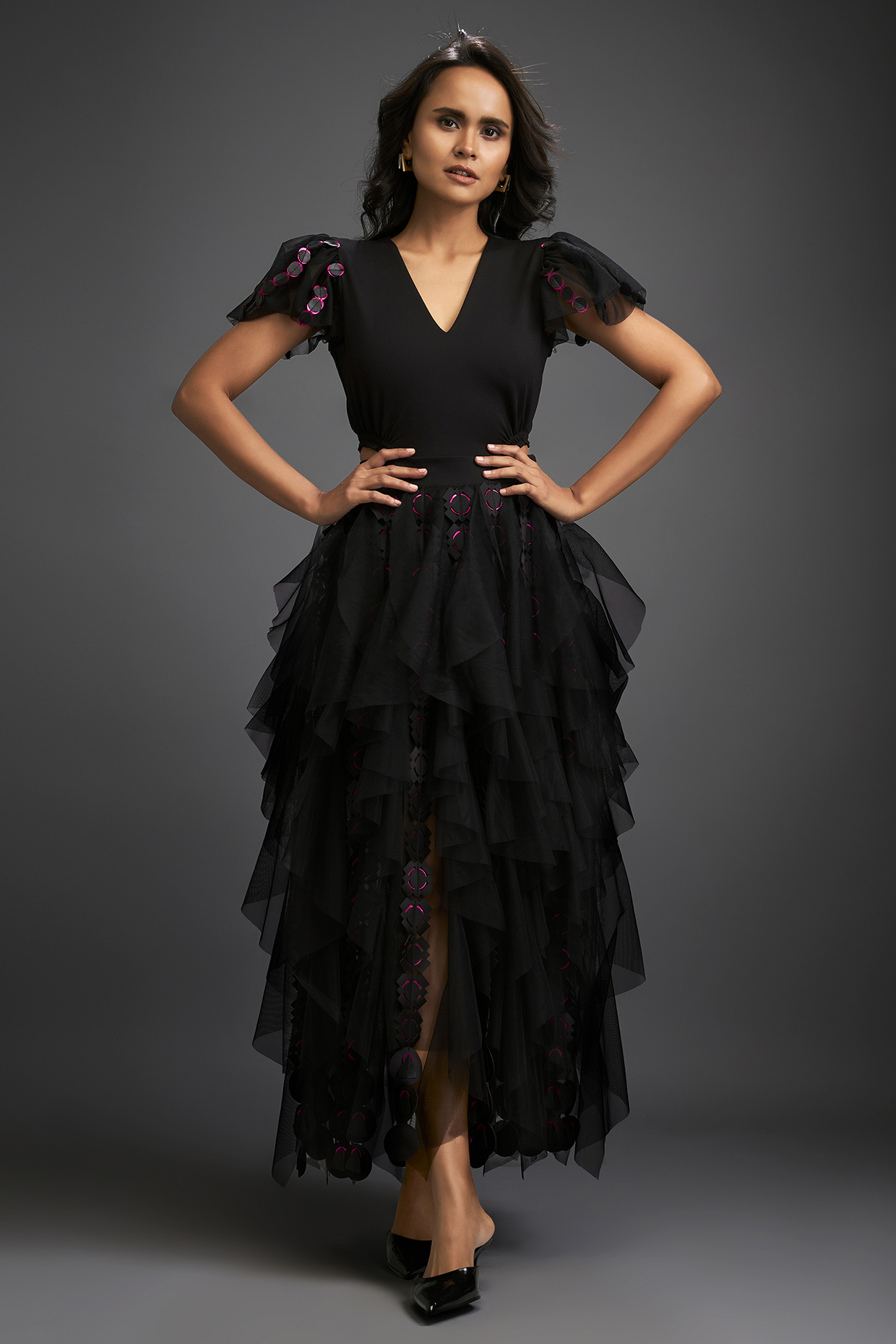 Black Net Cutwork Layered Skirt Set by Deepika Arora at Pernia's Pop Up Shop