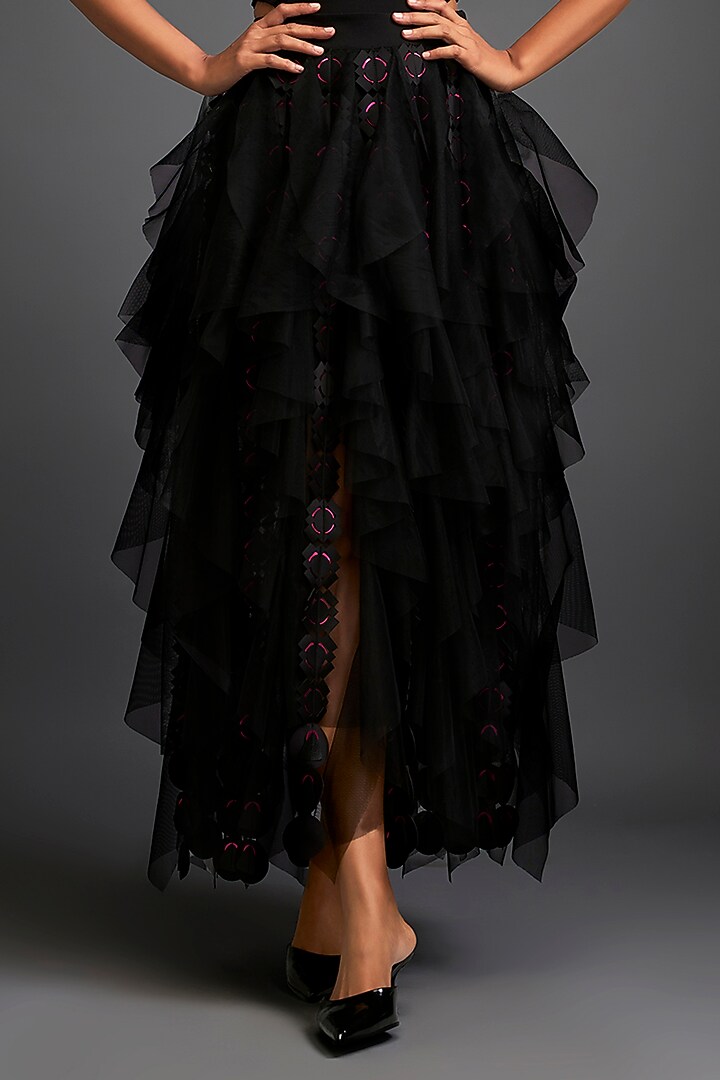 Black Net Cutwork Layered Skirt Set by Deepika Arora at Pernia's Pop Up Shop