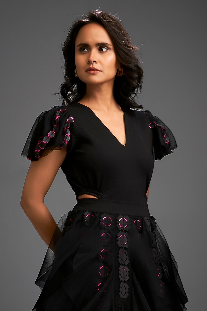 Black Net Cutwork Layered Skirt Set by Deepika Arora at Pernia's Pop Up Shop