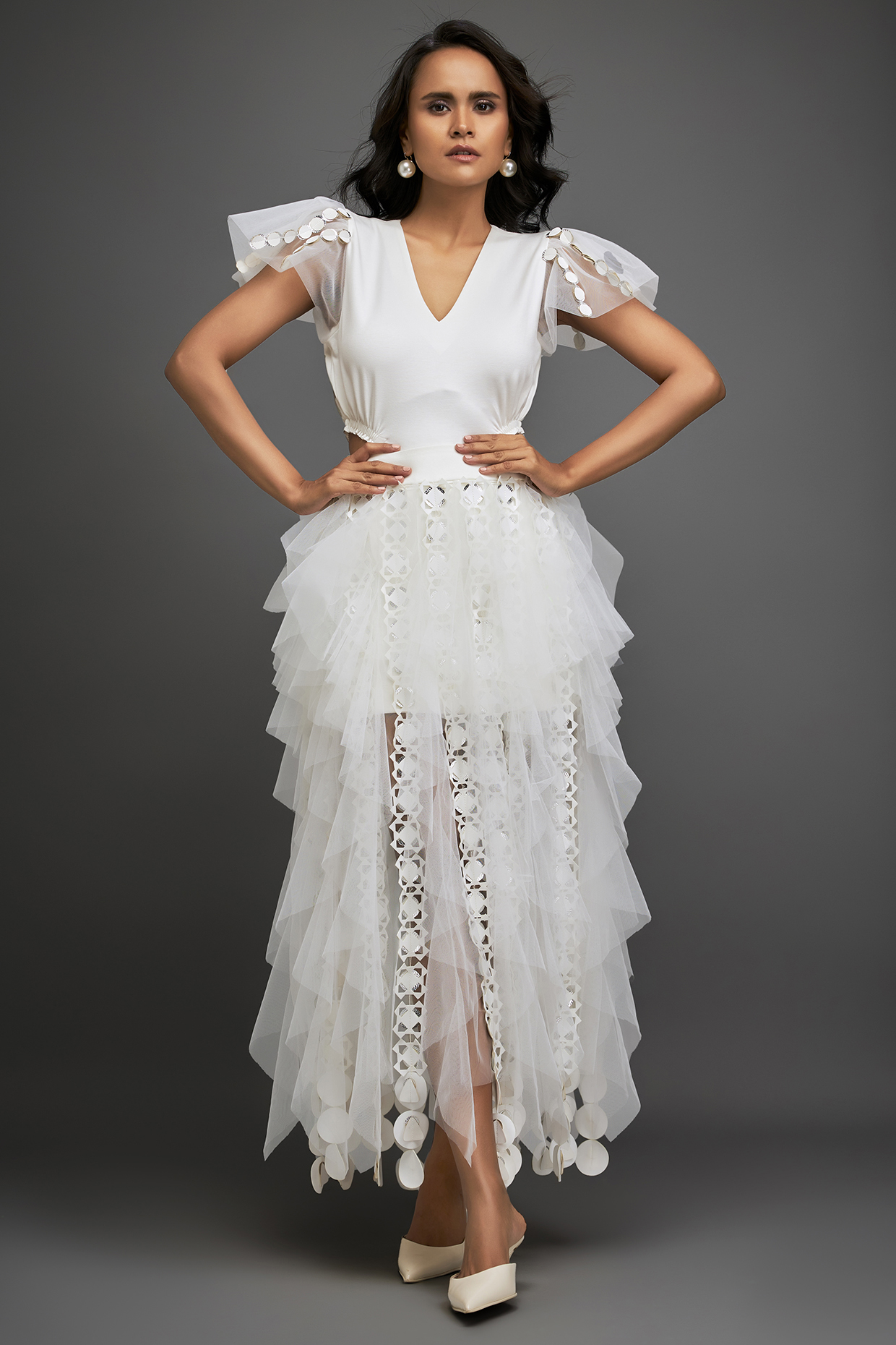 White Net Cutwork Layered Skirt Set by Deepika Arora at Pernia's Pop Up Shop
