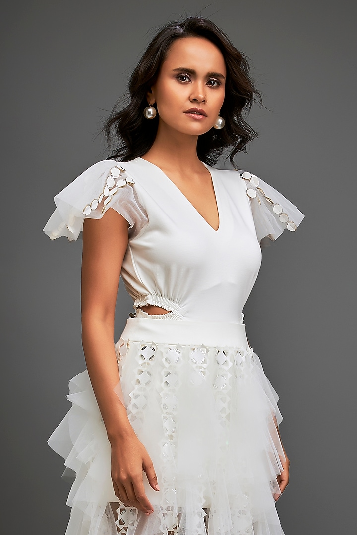 White Net Cutwork Layered Skirt Set by Deepika Arora at Pernia's Pop Up Shop