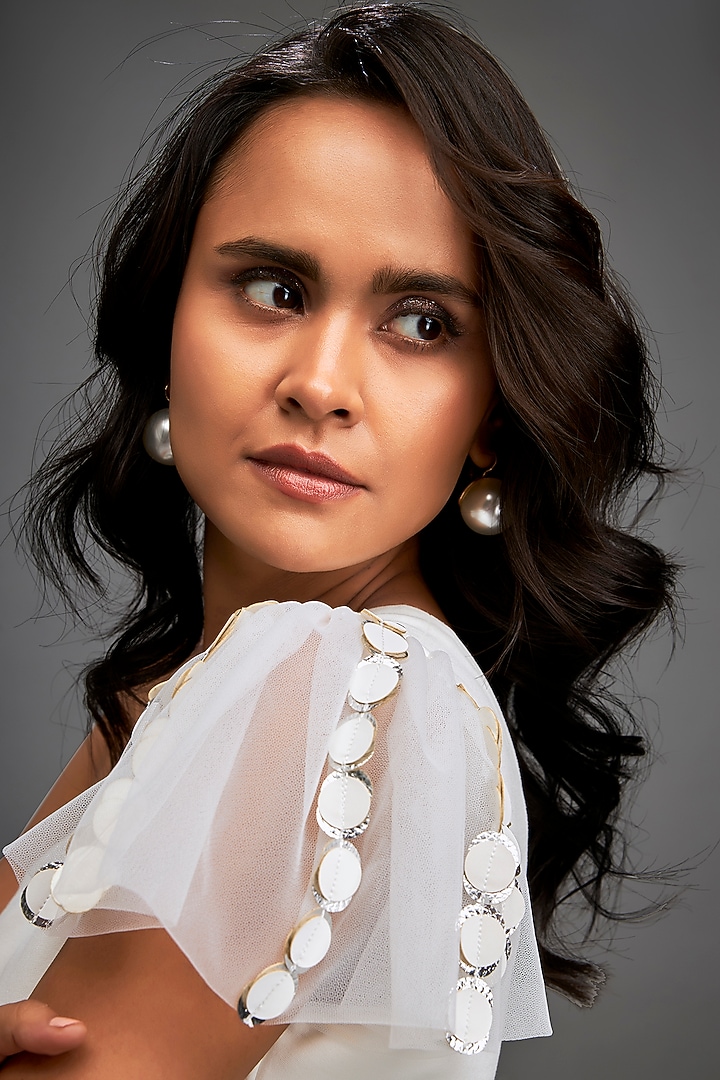White Net Cutwork Layered Skirt Set by Deepika Arora at Pernia's Pop Up Shop