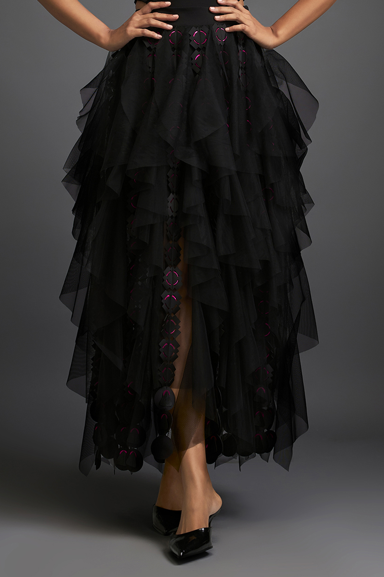 Black Net Cutwork Layered Skirt by Deepika Arora at Pernia's Pop Up Shop