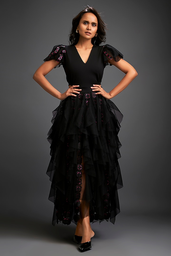 Black Net Cutwork Layered Skirt by Deepika Arora at Pernia's Pop Up Shop
