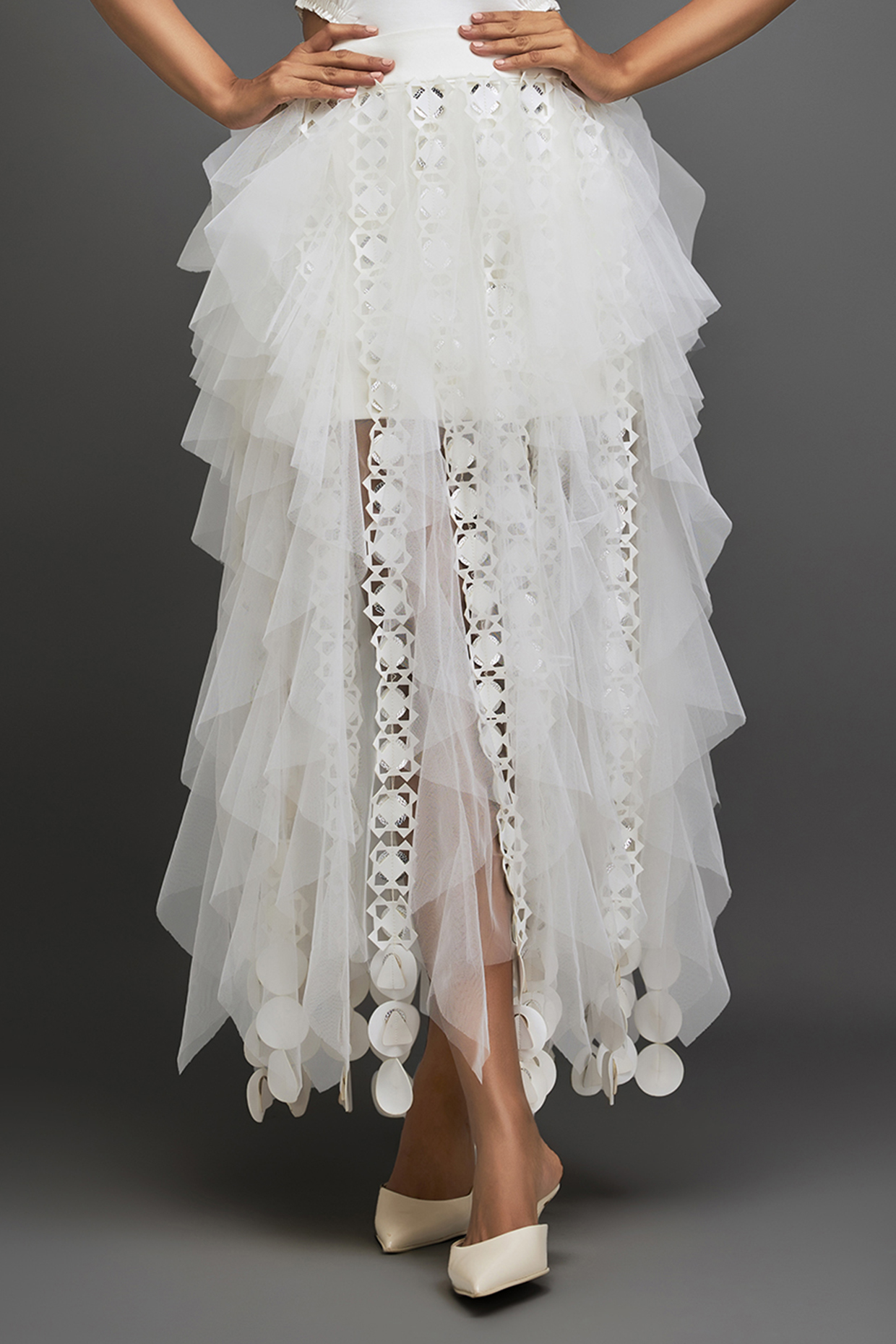 White Net Cutwork Layered Skirt by Deepika Arora at Pernia's Pop Up Shop