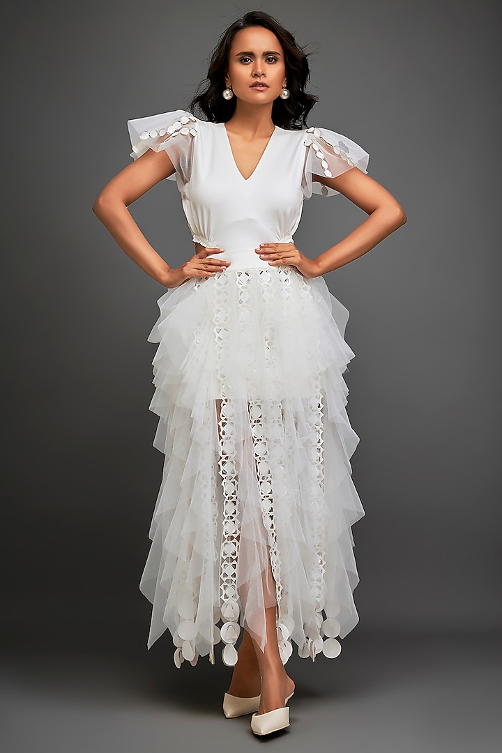 White Net Cutwork Layered Skirt by Deepika Arora at Pernia's Pop Up Shop