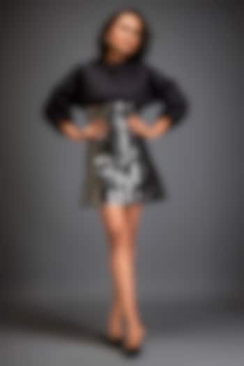 Metallic Gunmetal Vegan Leather Mini Skirt Set by Deepika Arora at Pernia's Pop Up Shop