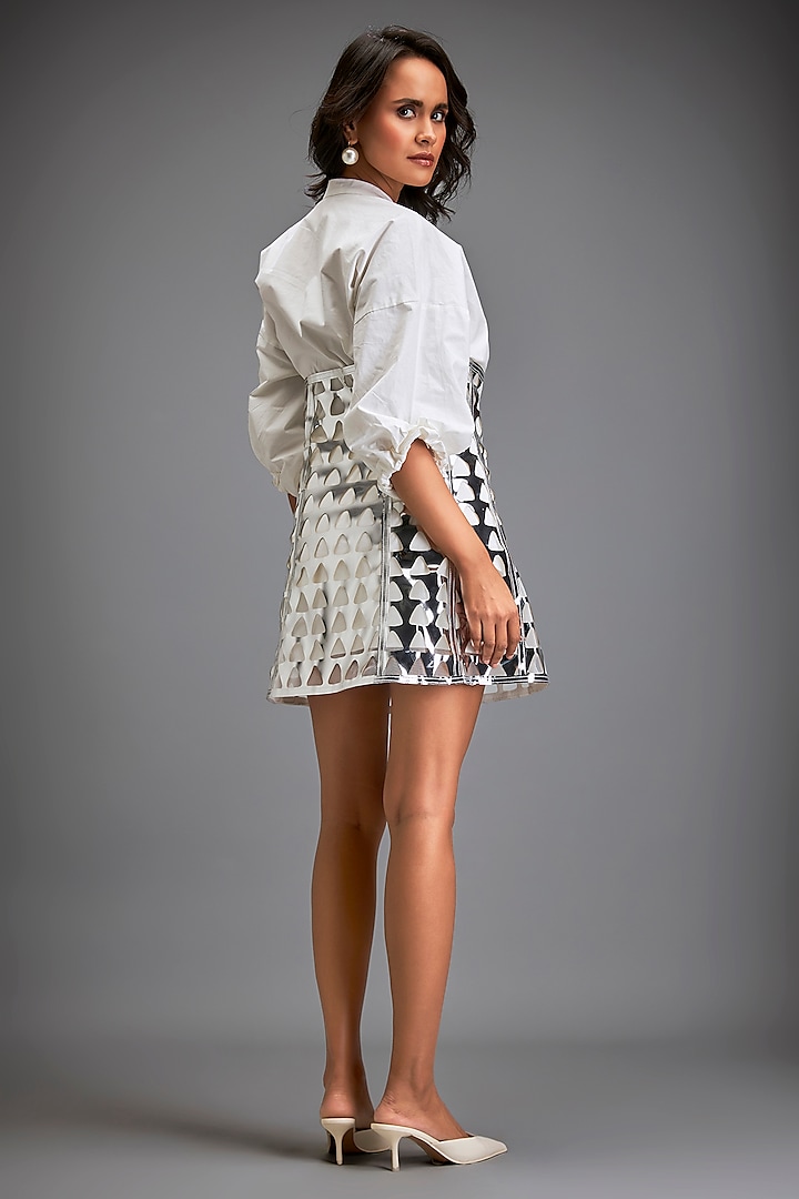 Metallic Silver Vegan Leather Mini Skirt Set by Deepika Arora at Pernia's Pop Up Shop