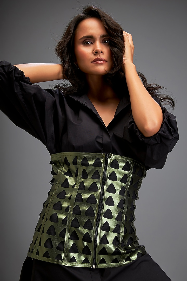 Black Cotton Shirt Summer Dress With Corset by Deepika Arora at Pernia's Pop Up Shop