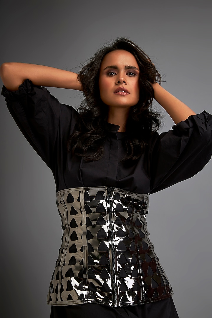 Black Cotton Shirt Summer Dress With Corset by Deepika Arora at Pernia's Pop Up Shop