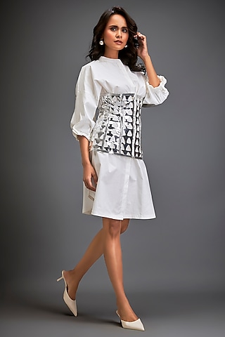 White Cotton Shirt Dress With Corset by Deepika Arora