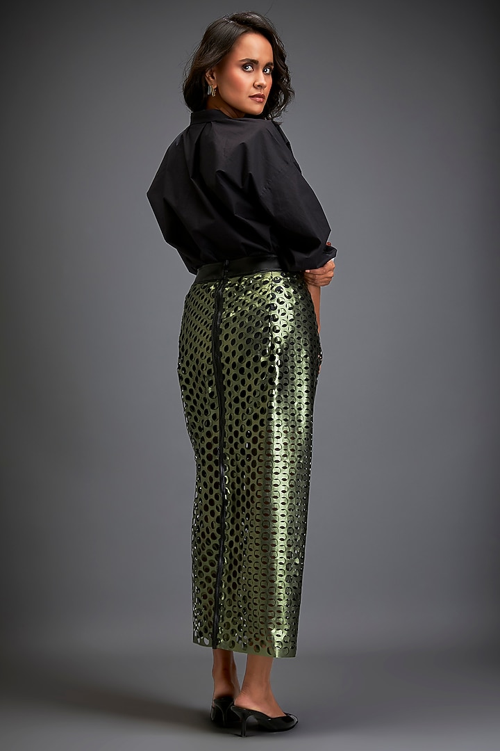 Metallic Green Vegan Leather Layered Skirt by Deepika Arora at Pernia's Pop Up Shop