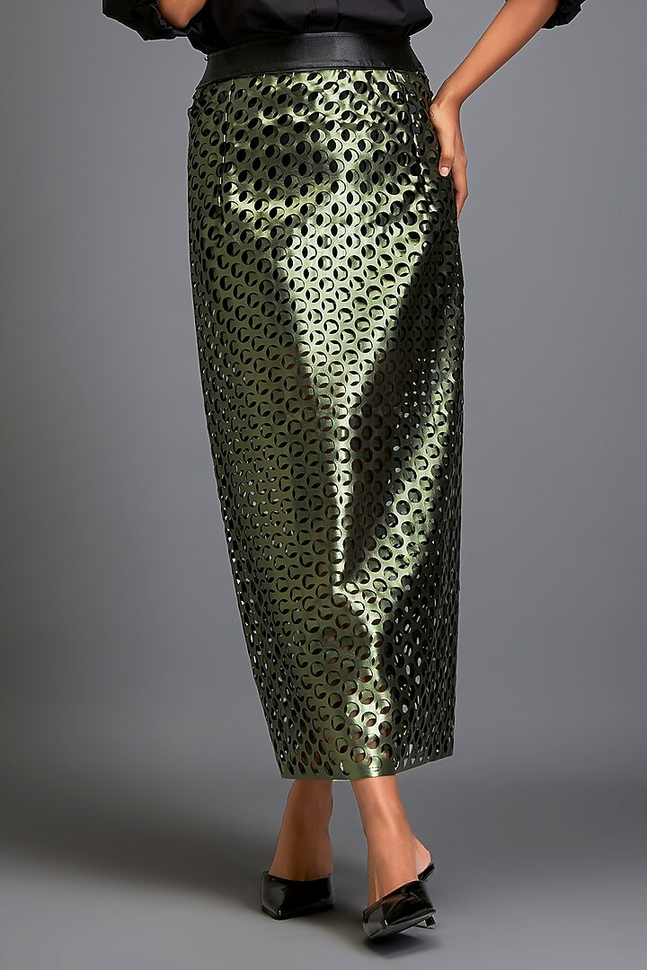 Metallic Green Vegan Leather Layered Skirt by Deepika Arora at Pernia's Pop Up Shop