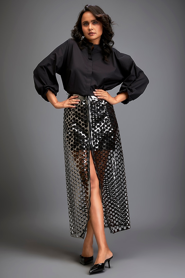 Metallic Gunmetal Vegan Leather Skirt by Deepika Arora at Pernia's Pop Up Shop