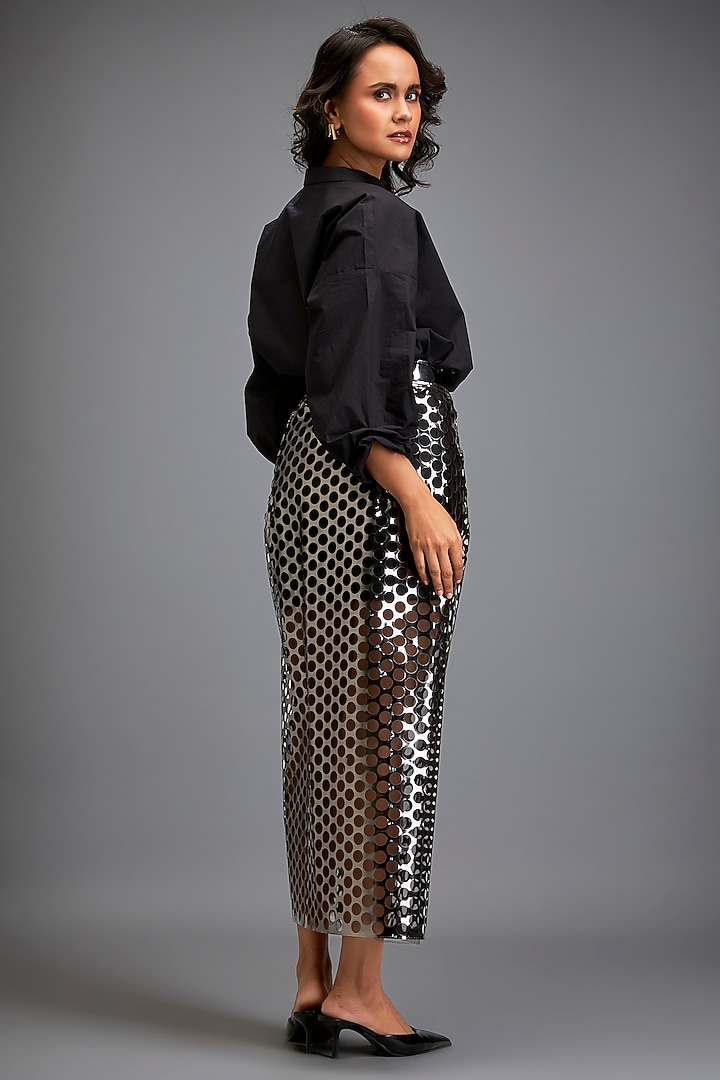 Metallic Gunmetal Vegan Leather Skirt by Deepika Arora at Pernia's Pop Up Shop