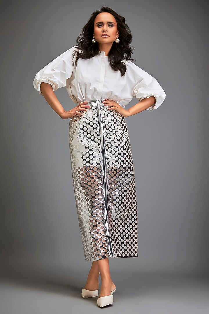 Metallic Silver Vegan Leather Skirt by Deepika Arora at Pernia's Pop Up Shop