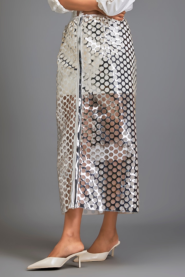 Metallic Silver Vegan Leather Skirt by Deepika Arora at Pernia's Pop Up Shop