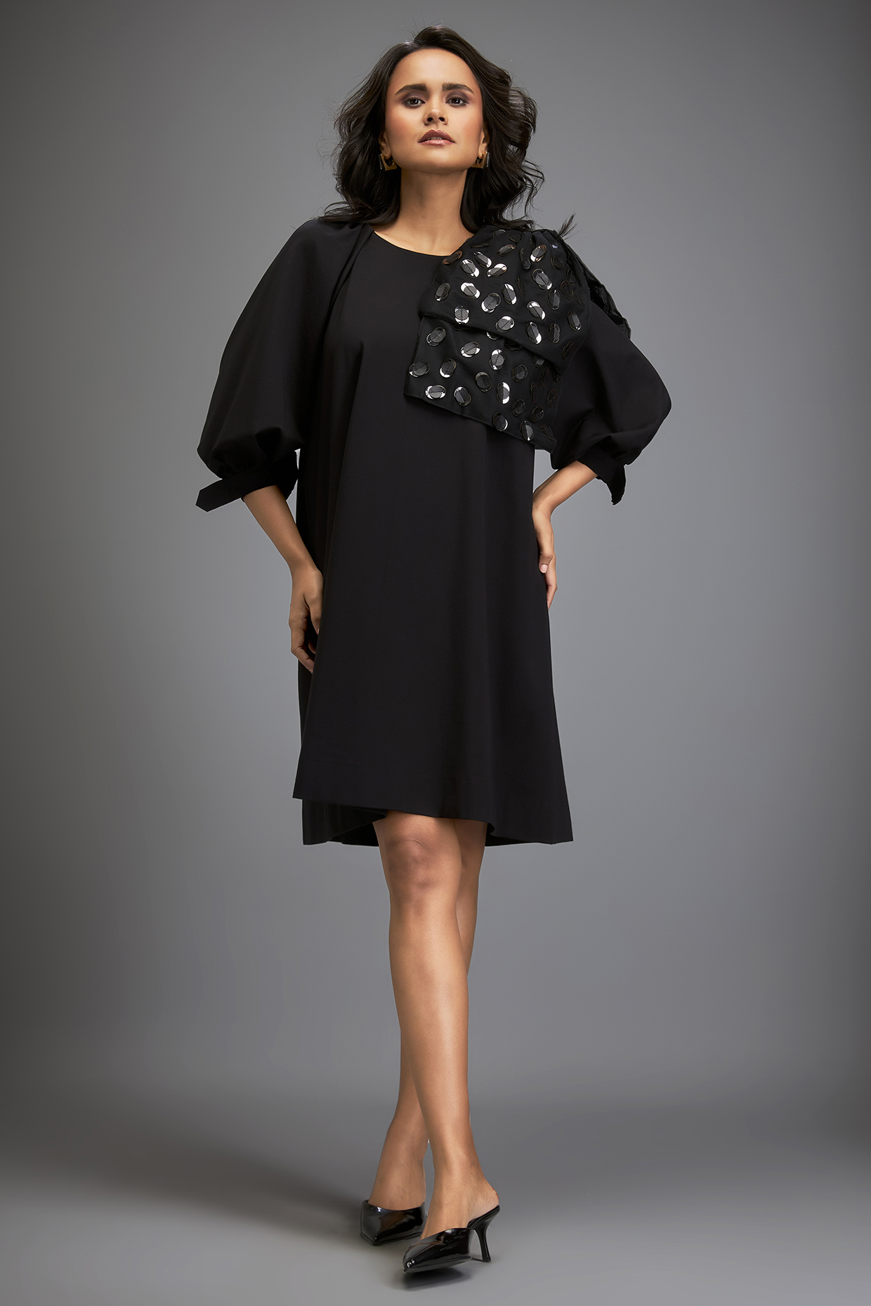 Black Ponte Roma Embellished Dress by Deepika Arora at Pernia's Pop Up Shop