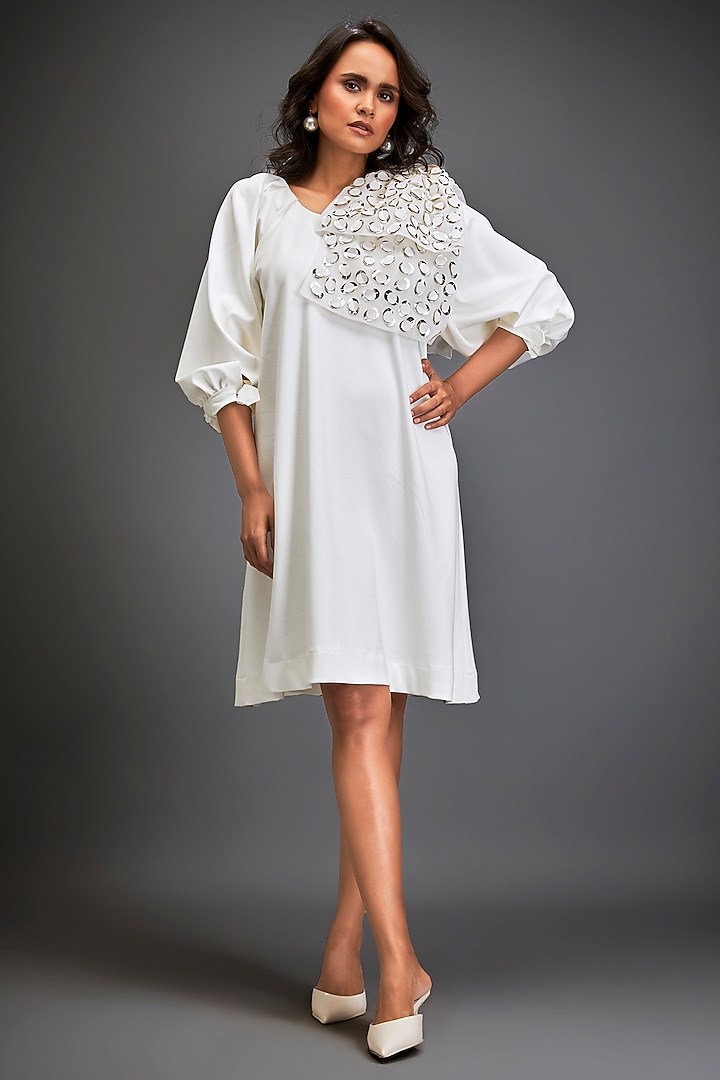 White Ponte Roma Metallic Embellished Vacation Dress by Deepika Arora at Pernia's Pop Up Shop