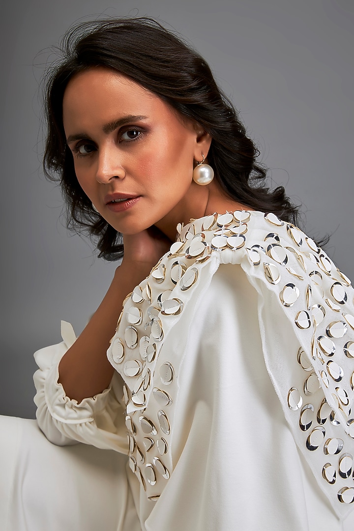 White Ponte Roma Metallic Embellished Vacation Dress by Deepika Arora at Pernia's Pop Up Shop