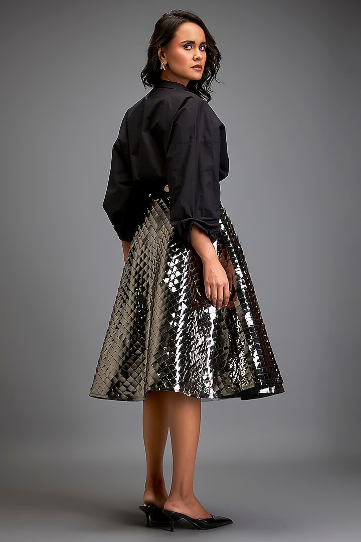 Black Vegan Leather Metallic Textured A-Line Skirt by Deepika Arora at Pernia's Pop Up Shop
