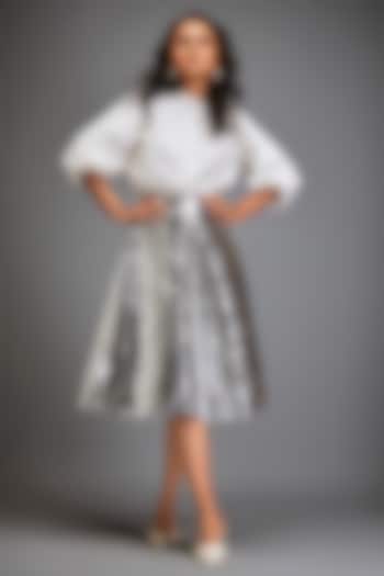 White Vegan Leather Metallic Textured A-Line Skirt by Deepika Arora at Pernia's Pop Up Shop