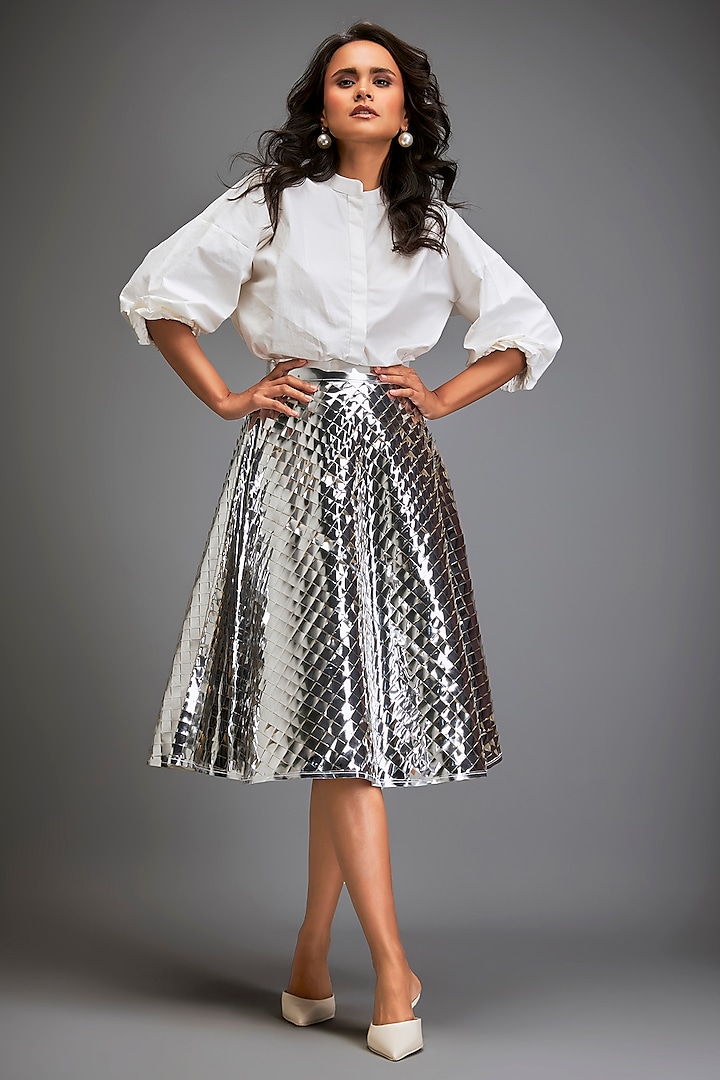 White Vegan Leather Metallic Textured A-Line Skirt by Deepika Arora at Pernia's Pop Up Shop
