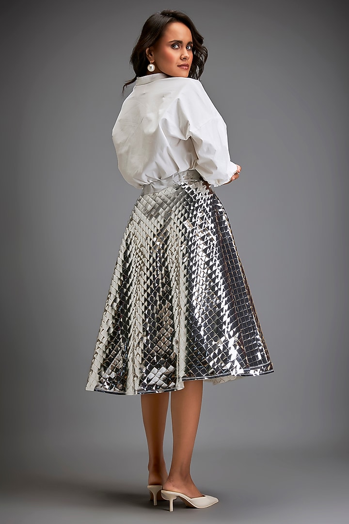White Vegan Leather Metallic Textured A-Line Skirt by Deepika Arora at Pernia's Pop Up Shop