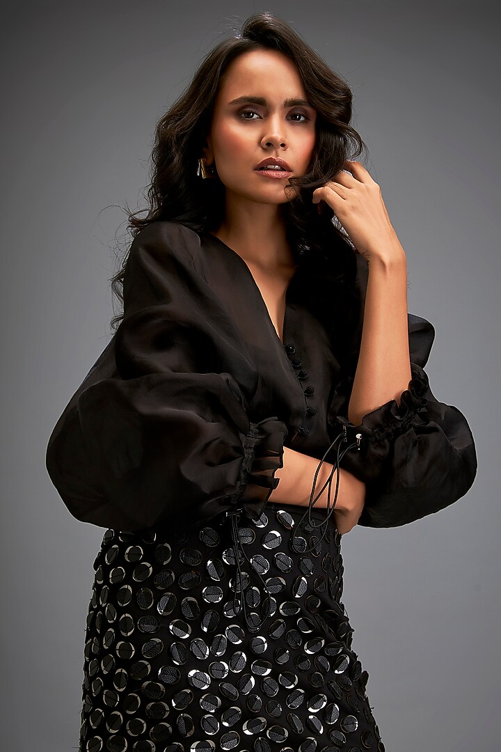 Black Vegan Leather Textured Mini Skirt Set by Deepika Arora at Pernia's Pop Up Shop
