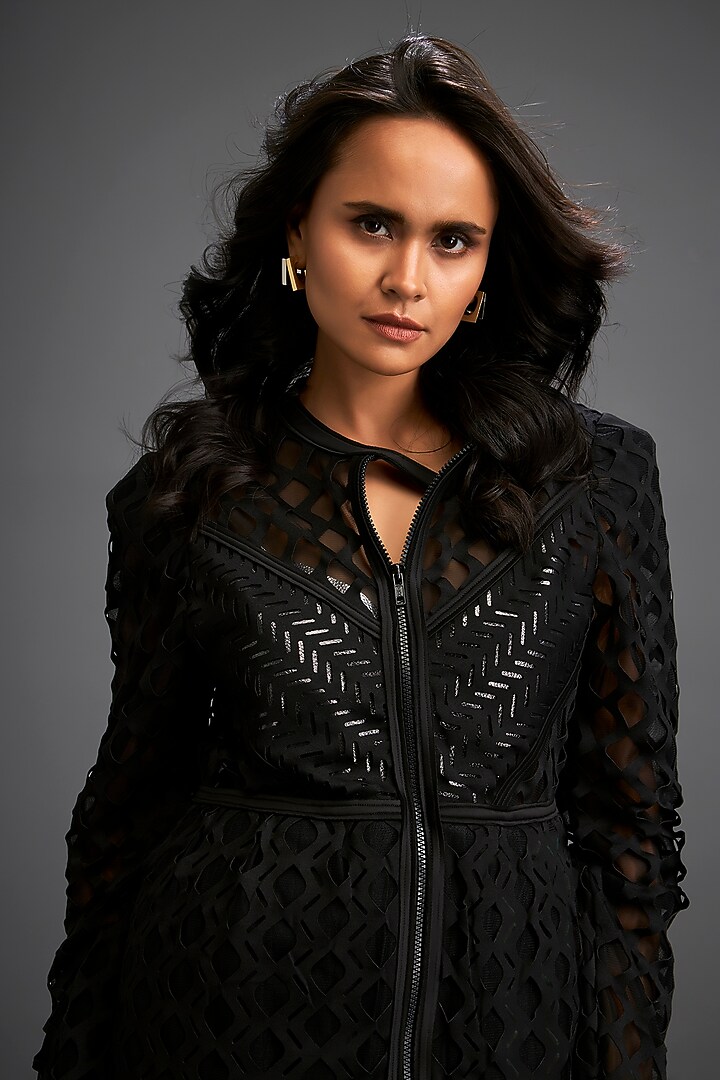 Black Ponte Roma Cut-Out Jacket Set by Deepika Arora at Pernia's Pop Up Shop