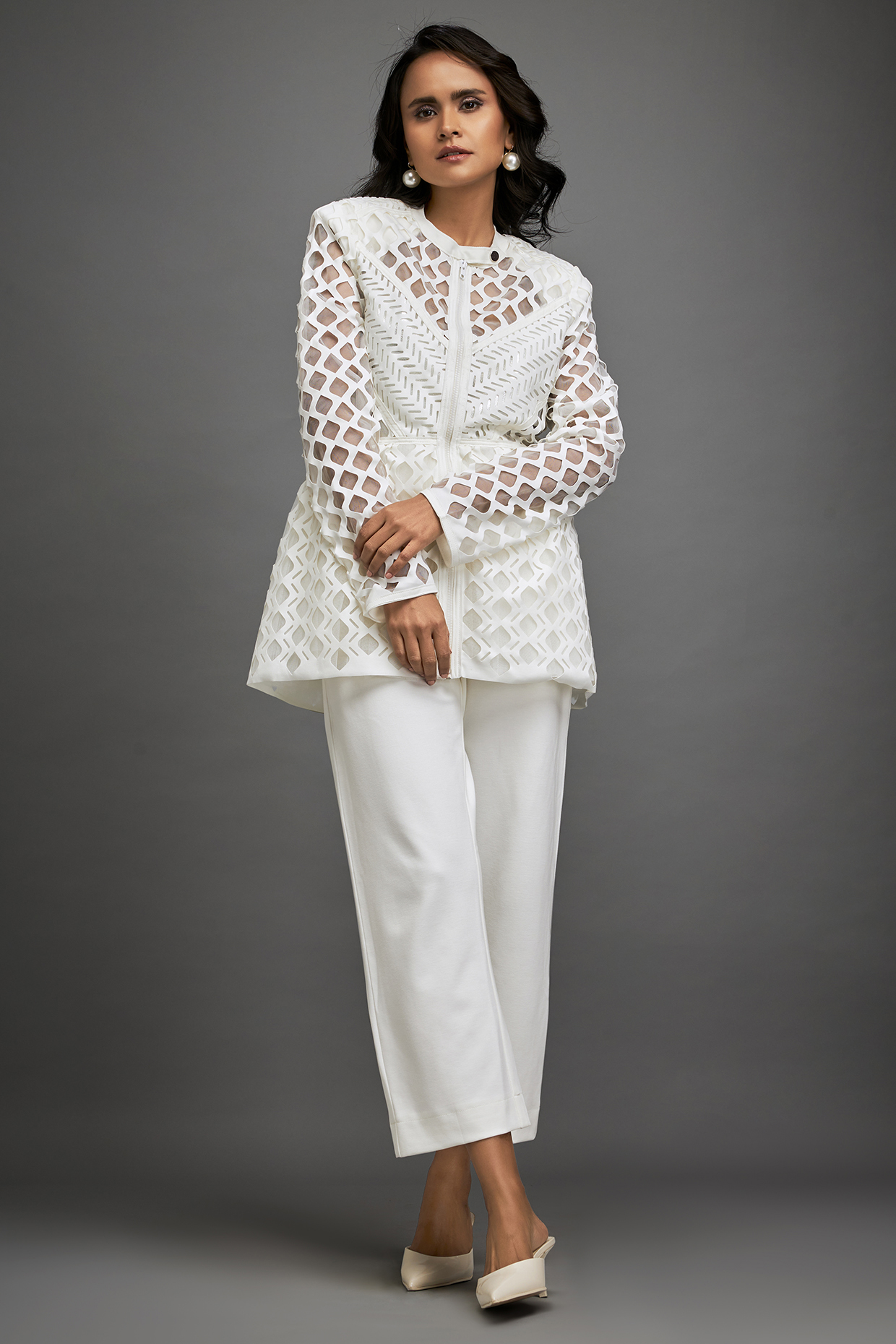White Ponte Roma Cut-Out Jacket Set by Deepika Arora at Pernia's Pop Up Shop