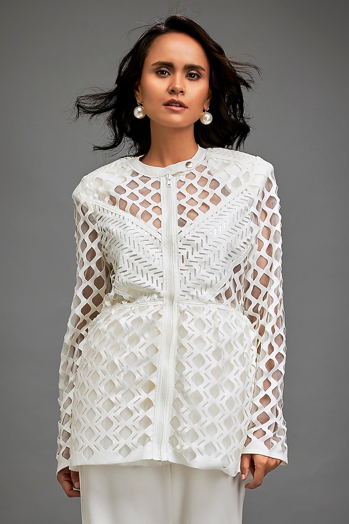 White Ponte Roma Cut-Out Jacket by Deepika Arora at Pernia's Pop Up Shop