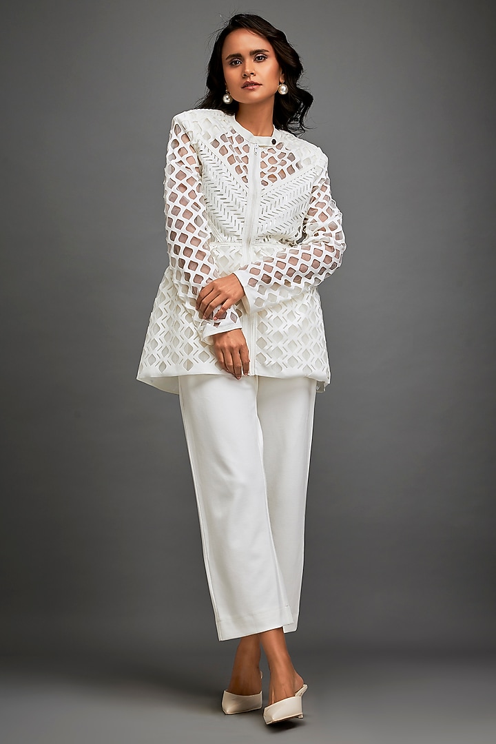 White Ponte Roma Cut-Out Jacket by Deepika Arora at Pernia's Pop Up Shop