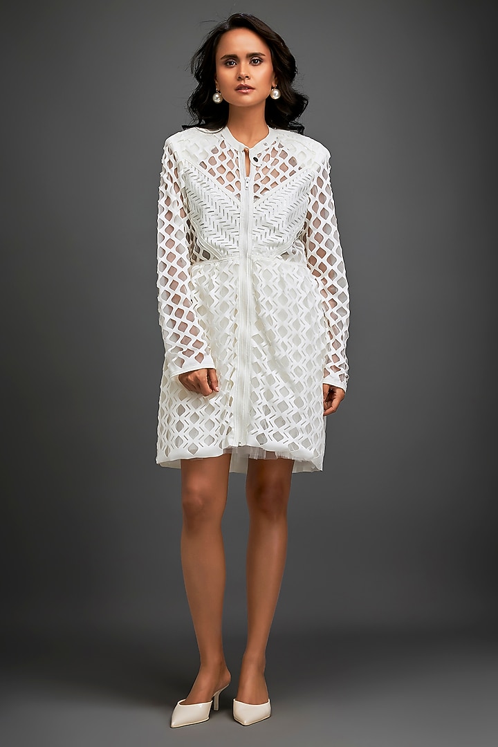 White Ponte Roma Geometric Summer Dress by Deepika Arora at Pernia's Pop Up Shop