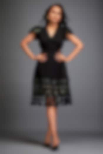 Black Ponte Roma Geometric Applique Vacation Dress by Deepika Arora at Pernia's Pop Up Shop