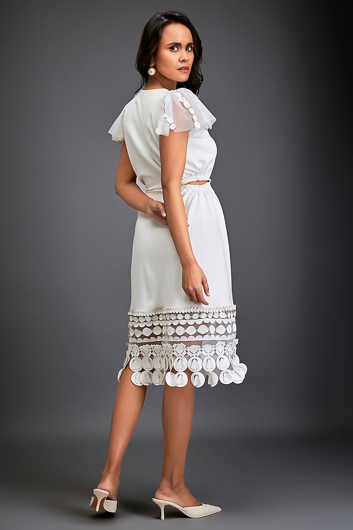 White Ponte Roma Geometric Applique Vacation Dress by Deepika Arora at Pernia's Pop Up Shop