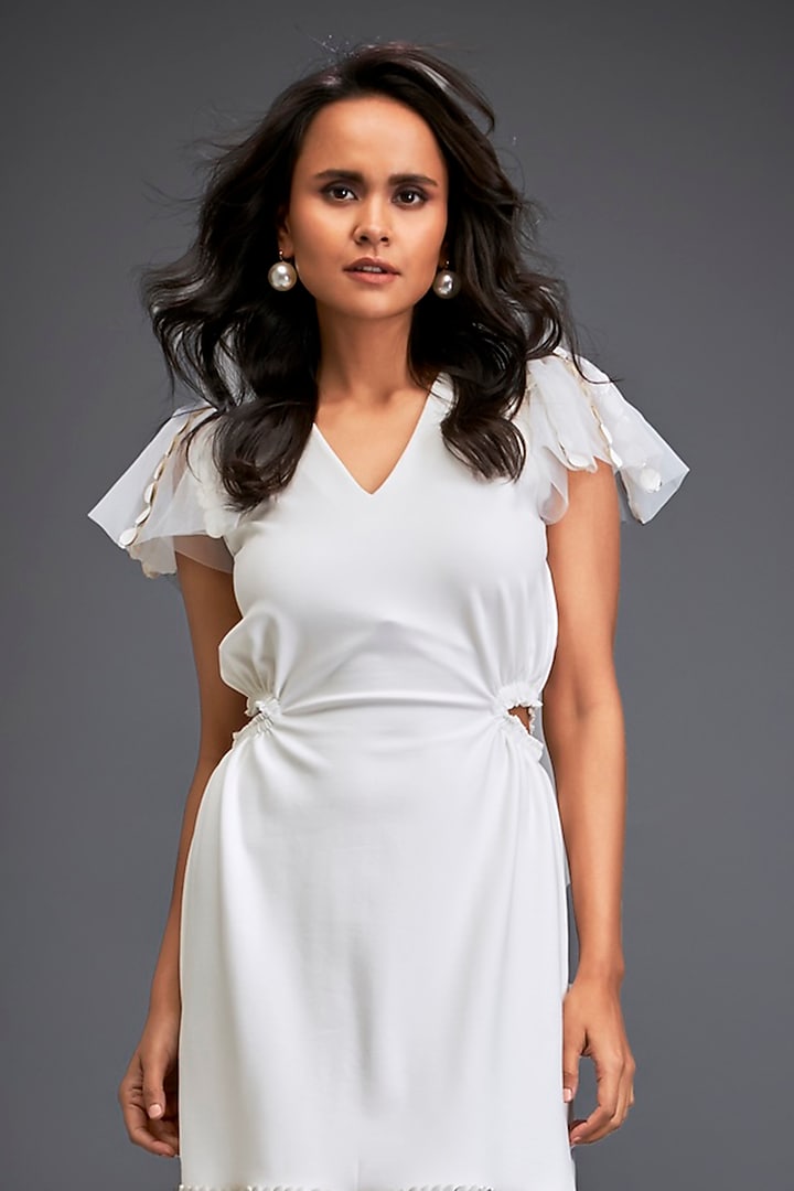 White Ponte Roma Geometric Applique Vacation Dress by Deepika Arora at Pernia's Pop Up Shop
