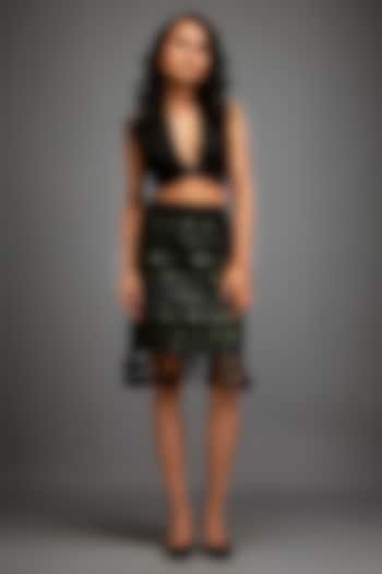 Black Vegan Leather Metallic Work Skirt Set by Deepika Arora at Pernia's Pop Up Shop